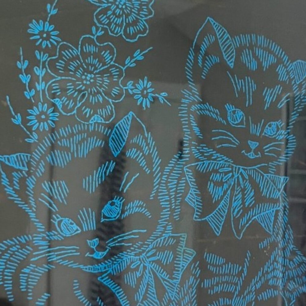 Vtg 1970s Embroidered Kittens Wall Art Framed Blue Crewel Stitch Black Fabric - Picture 11 of 14